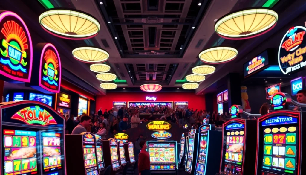 Menangkan jackpot di situs slot dengan suasana kasino yang meriah dan slot mesin berwarna-warni.