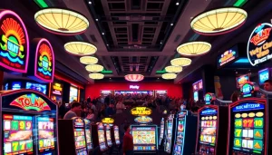 Menangkan jackpot di situs slot dengan suasana kasino yang meriah dan slot mesin berwarna-warni.