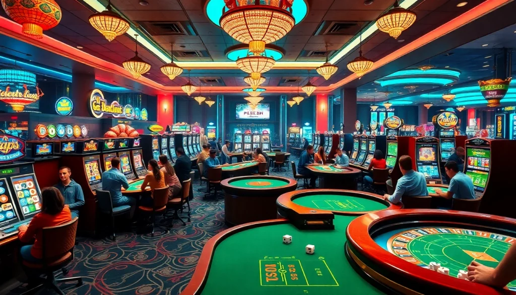 A lively KJC AC 2 casino scene showcasing players at tables and vibrant slot machines.