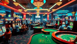 A lively KJC AC 2 casino scene showcasing players at tables and vibrant slot machines.
