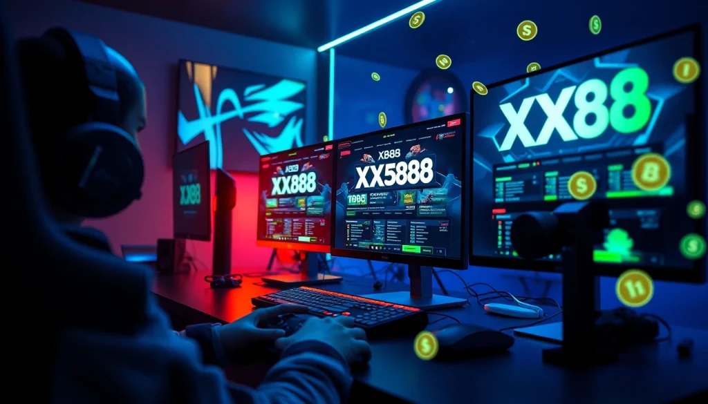 XX88.pizzza presents an immersive online gaming setup with vibrant monitors and gaming accessories.