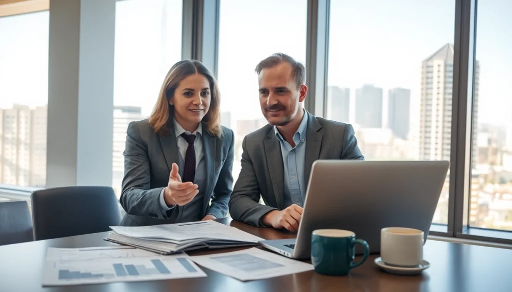 Engaging financial advisor offering wealth management San Antonio strategies to a client in a modern office.