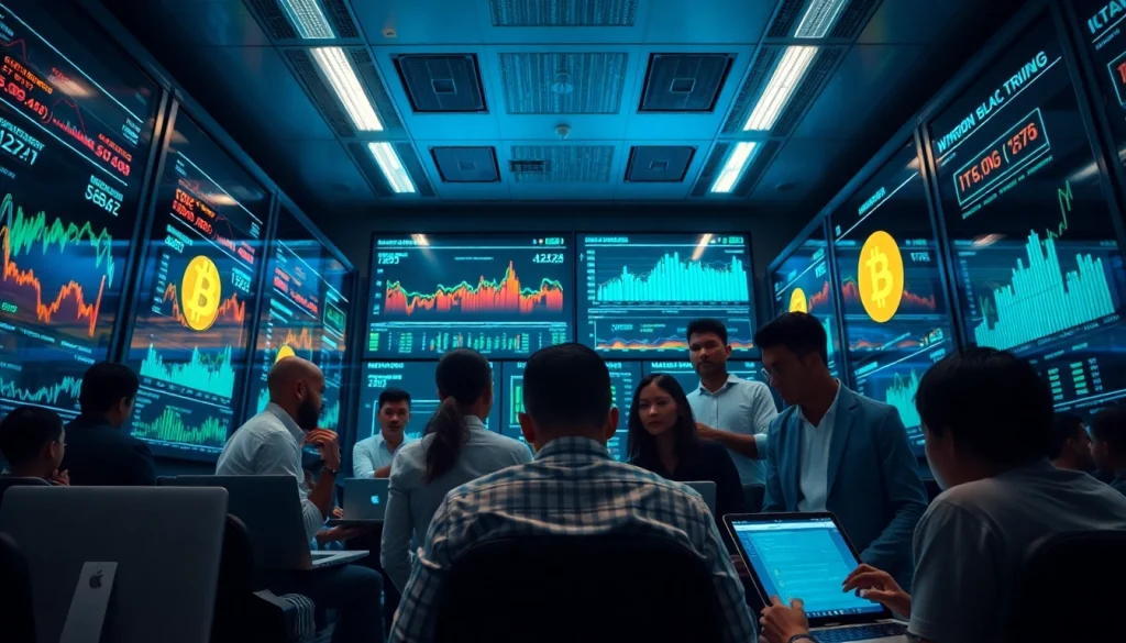 Visual representation of bitcoin cloud mining with professionals analyzing data in a modern setting.