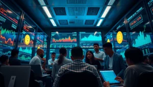 Visual representation of bitcoin cloud mining with professionals analyzing data in a modern setting.