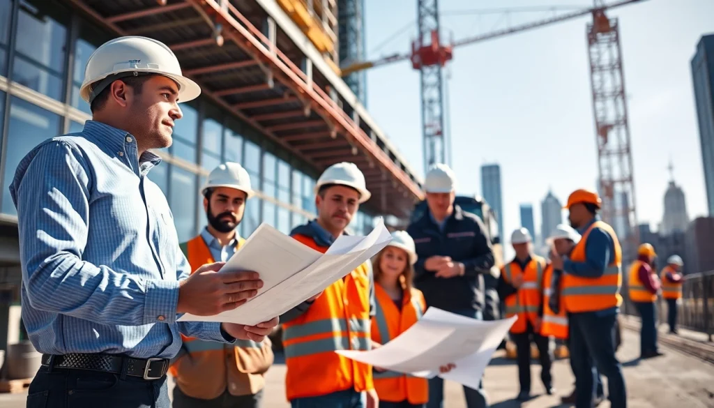 Showcase a vibrant construction scene showcasing New York General Contractor teamwork on a high-rise.