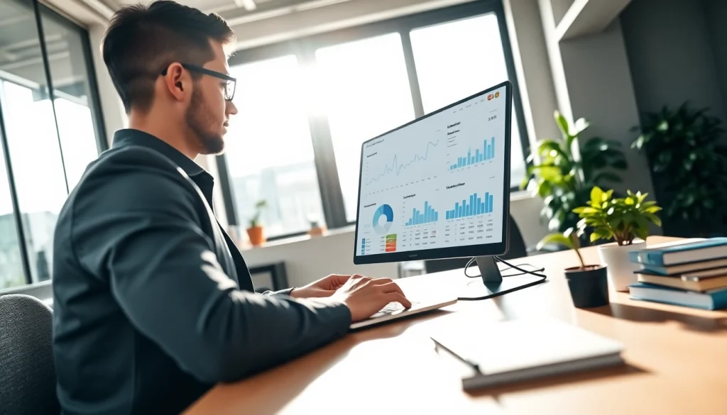 Analyze TikTok SMM panel metrics with a digital marketing expert in a modern office.