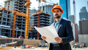Image of a Manhattan Commercial General Contractor on a bustling construction site with cranes in the background.