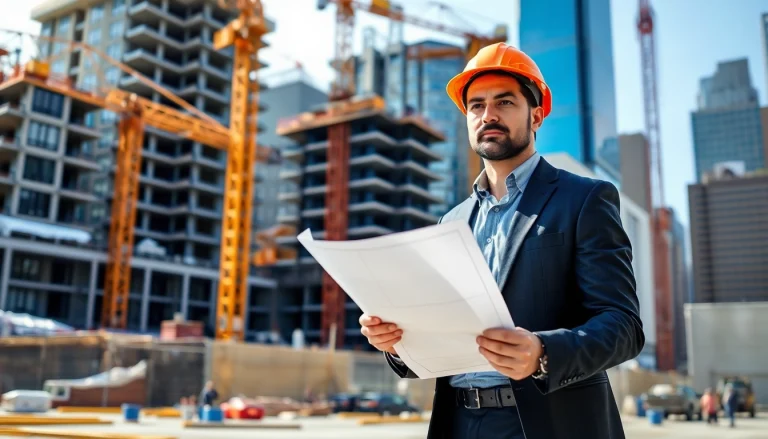 Image of a Manhattan Commercial General Contractor on a bustling construction site with cranes in the background.