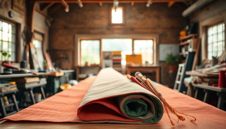 Canvas stof van hoge kwaliteit in een ambachtelijke atelier-setting met levendige kleuren.