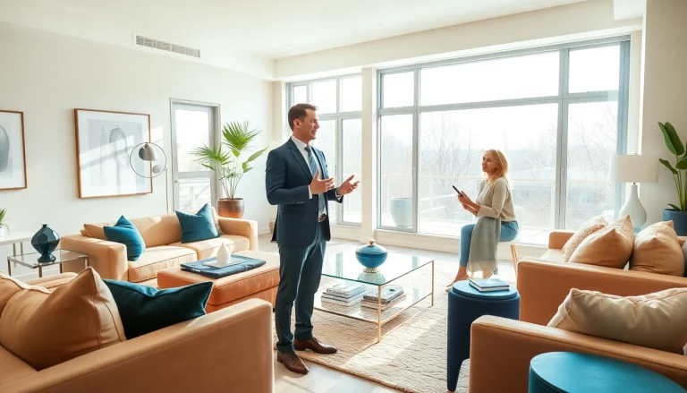 Real Estate agent engaging with clients in a stylish living room setting.