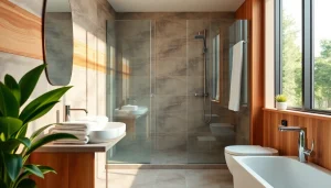 Describing a sunny showers france bathroom with elegant glass shower and warm lighting.