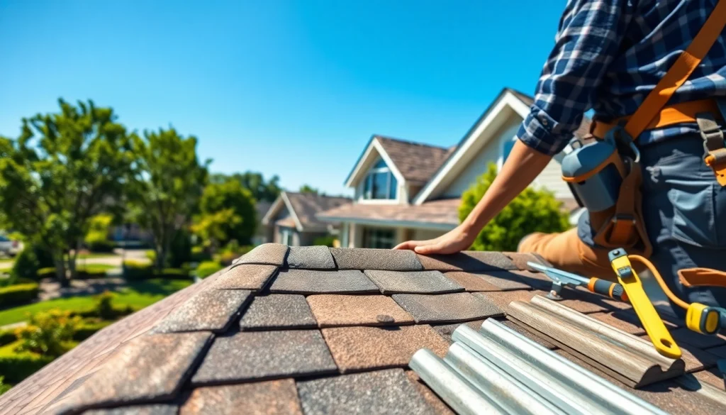Inspecting high-quality roofing solutions with professional tools in a bright suburban environment.