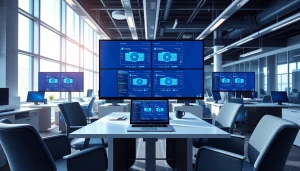 Showcasing a professional virtual desktop infrastructure (VDI) setup in a modern office space.