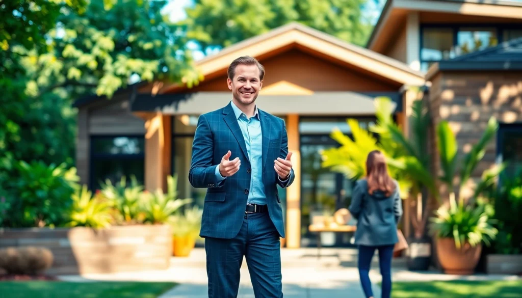 Real Estate agent presenting a modern home with lush greenery and bright natural lighting.