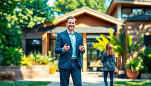 Real Estate agent presenting a modern home with lush greenery and bright natural lighting.
