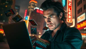 Action thriller author passionately writing amidst a vibrant urban backdrop filled with thriller novels.