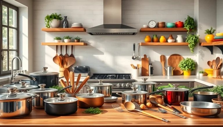 Showcase of kitchenware Auckland featuring stylish pots, pans, and utensils in a modern kitchen environment.