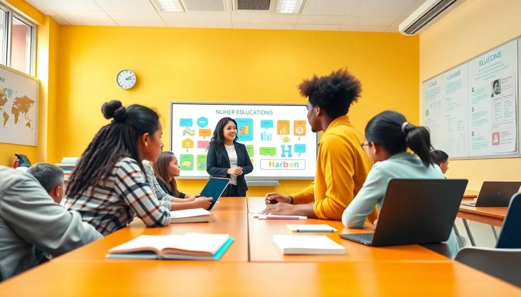 Education setting with diverse students collaborating on projects in a modern classroom.
