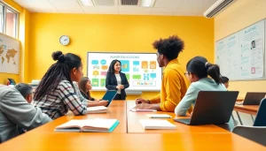 Education setting with diverse students collaborating on projects in a modern classroom.