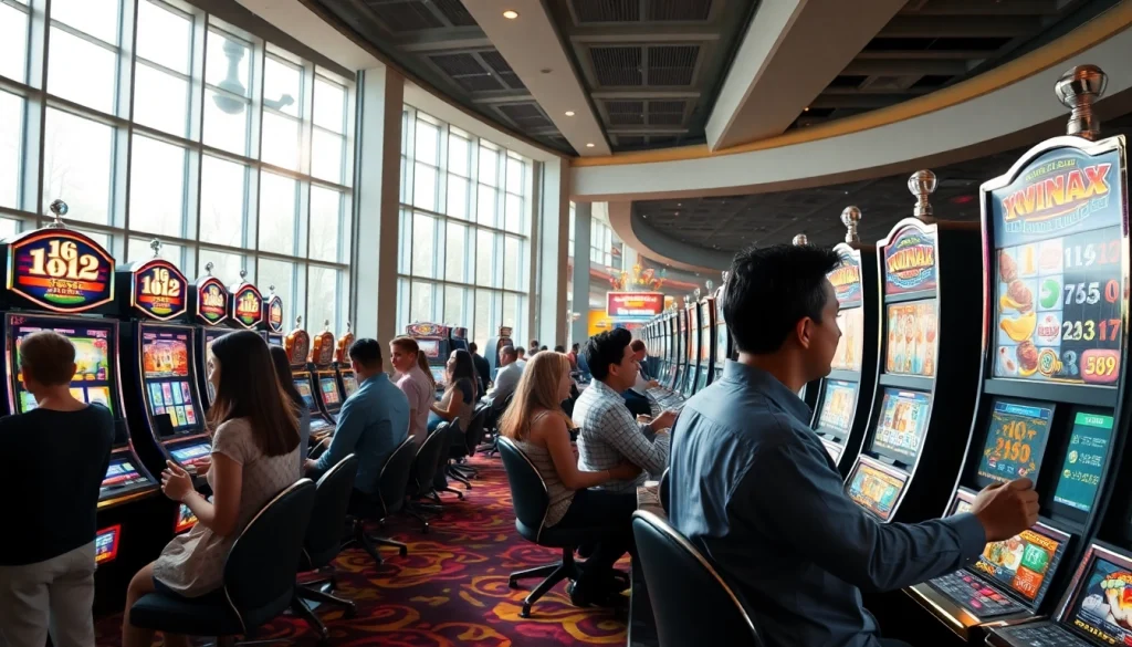 Permainan bandar toto 4d slot di lingkungan kasino yang ramai dan ceria.