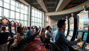 Permainan bandar toto 4d slot di lingkungan kasino yang ramai dan ceria.