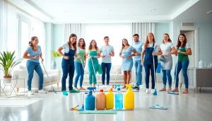 Cleaning Service team collaborating efficiently in a well-lit modern home.