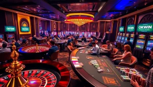 Experience the thrill of OKWIN with players at sleek casino tables and vibrant slot machines.