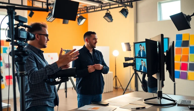 Creative Video Production Agency team brainstorming in a modern studio, showcasing collaboration and dynamic energy.