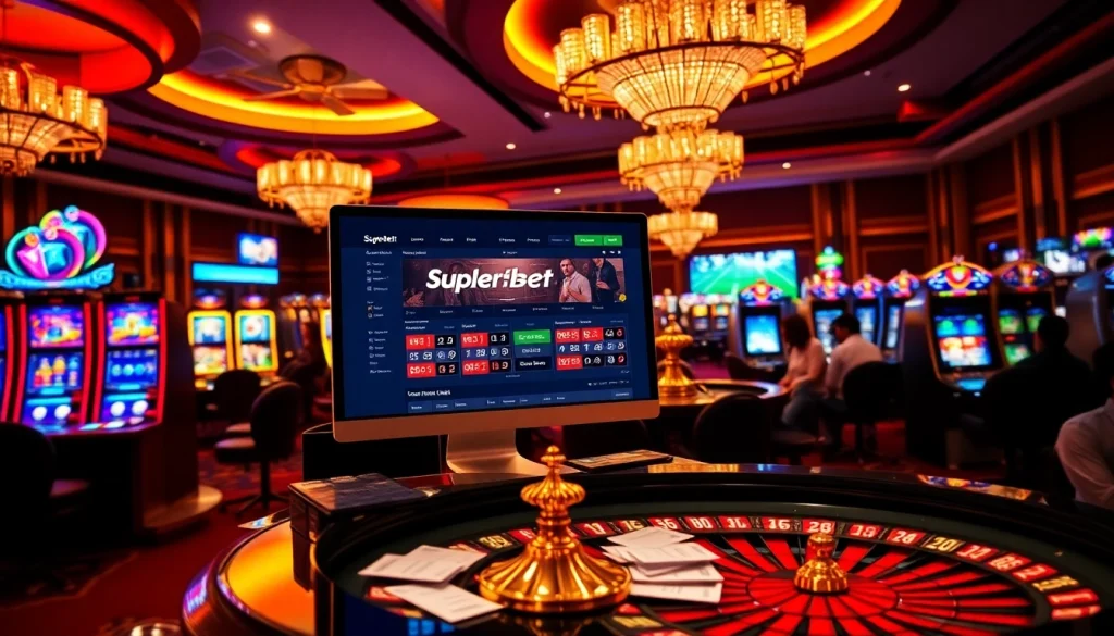 Action-packed gaming at Superbet with roulette and poker setups in a vibrant casino.