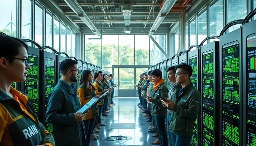 Free crypto mining scene in an eco-friendly technology facility with AI mining tools and diverse miners monitoring earnings.