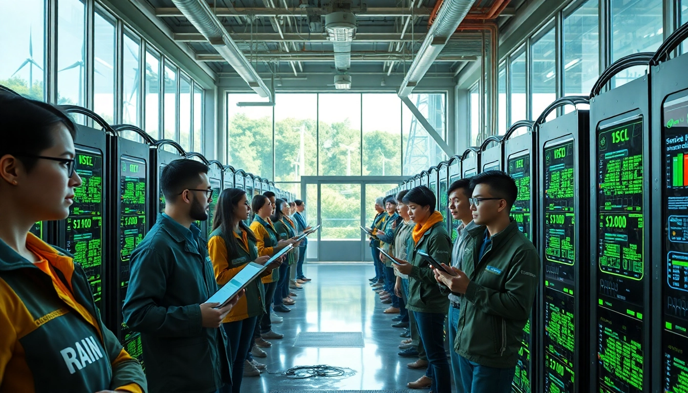 Free crypto mining scene in an eco-friendly technology facility with AI mining tools and diverse miners monitoring earnings.