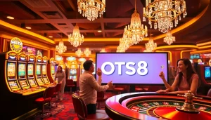 SLOTS8 players engaging with colorful slot machines in a luxurious casino.