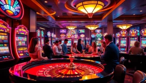 Slot Gacor players at a vibrant casino table enjoying thrilling slot machines and betting excitement.