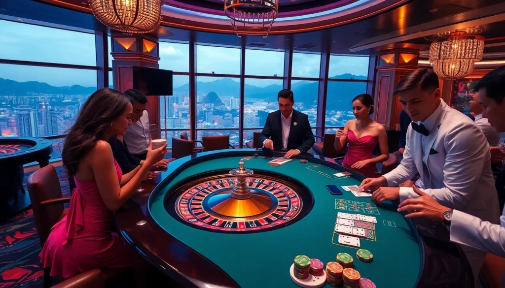 Players bet on a luxurious roulette table in a vibrant Rio casino setting.