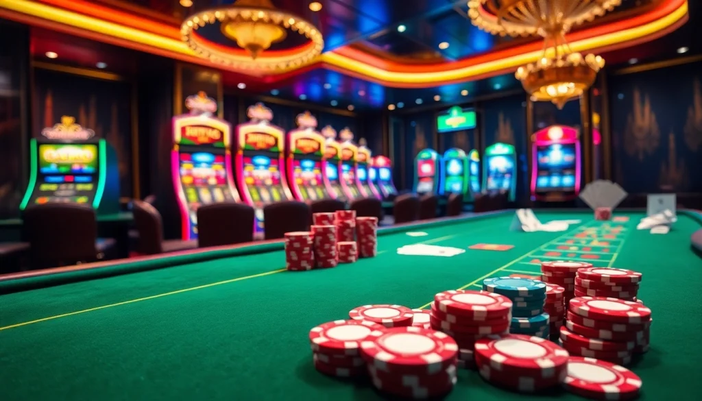 Engage with the thrilling casino experience at https://kkwin68.info/ featuring poker chips, a roulette wheel, and vibrant slot machines.