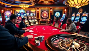 Players enjoying an exciting game of poker at Go8 casino table, showcasing vibrant colors and luxury.