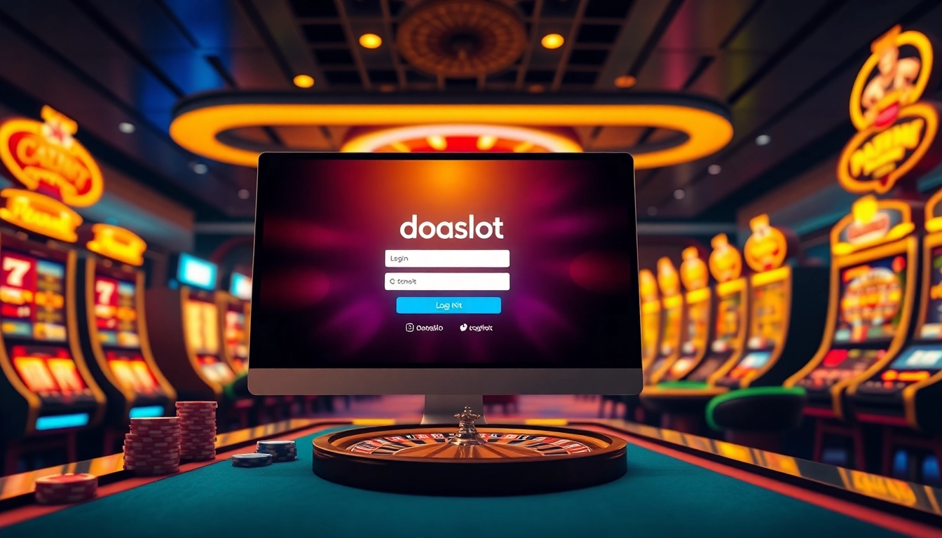 Access the doaslot login screen amidst a vibrant online casino atmosphere showcasing excitement and luxury.