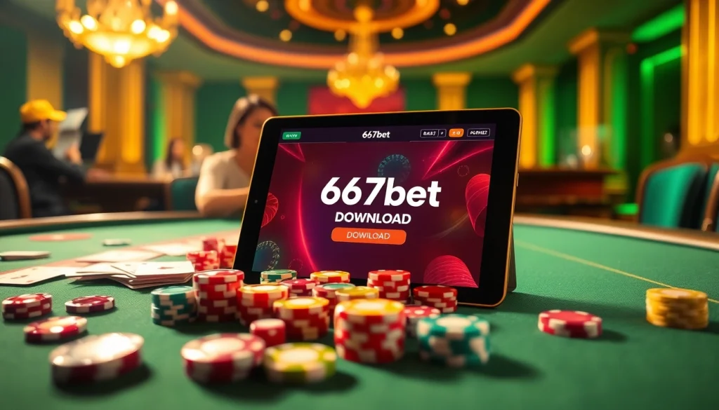 Experience the thrill of 667bet Download with a vibrant casino scene featuring colorful chips and an engaging online interface.
