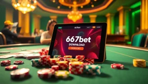 Experience the thrill of 667bet Download with a vibrant casino scene featuring colorful chips and an engaging online interface.