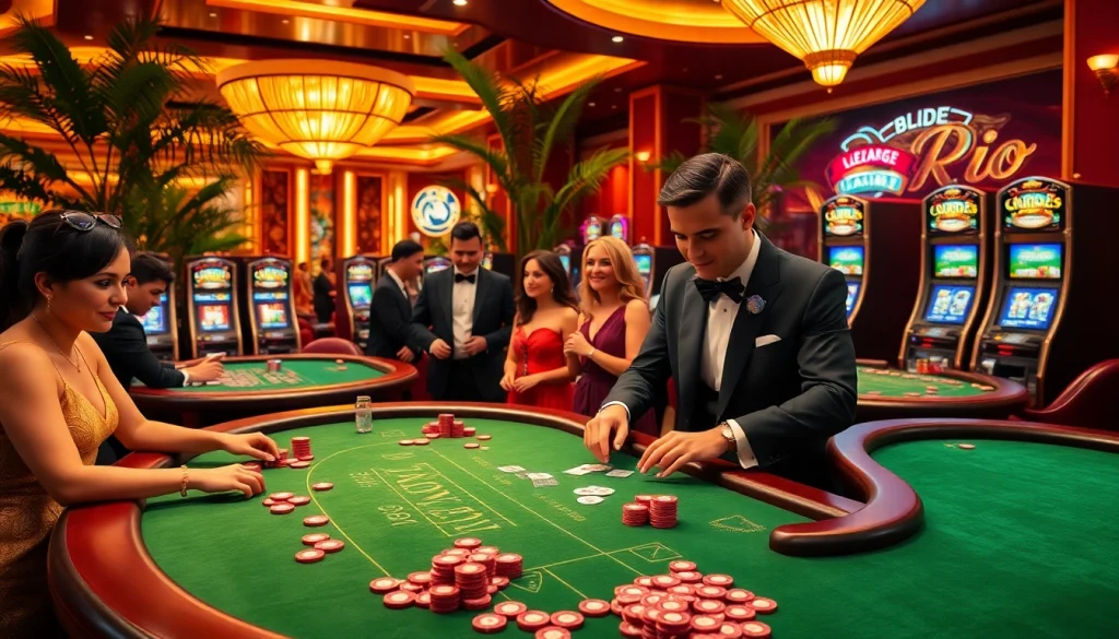 Rio casino scene with vibrant tables, gamblers, and elegant décor creating excitement.