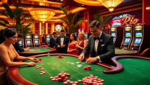 Rio casino scene with vibrant tables, gamblers, and elegant décor creating excitement.