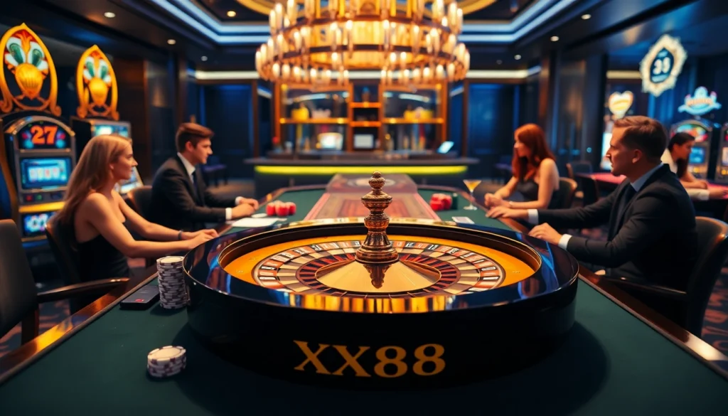 Exciting XX88 casino scene with players at a roulette table and vibrant poker chips.