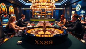 Exciting XX88 casino scene with players at a roulette table and vibrant poker chips.