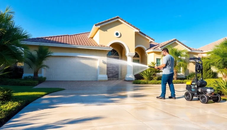 Professional pressure wash service rejuvenating a home in Kissimmee, showcasing effective exterior cleaning.