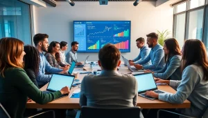 Team collaborating on google ads edmonton strategies in a modern office space