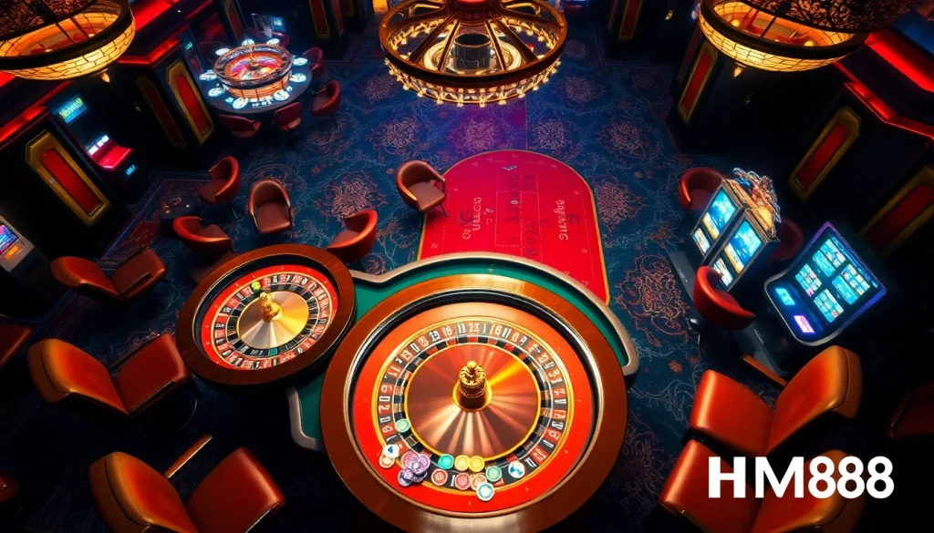 Experience thrilling gaming action at HM88 with vibrant casino tables and exciting slot machines.
