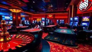 Players enjoying games like poker and roulette at 888b online casino, showcasing luxury and excitement.