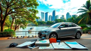 Experience car rental in Kuching Sarawak with a picturesque view of the city and a sleek rental car ready for adventure.