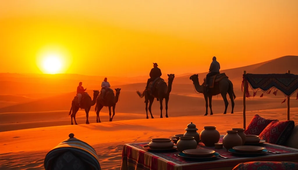 Agafay desert camel ride and dinner with a show at sunset, featuring travelers on camels against a vibrant horizon.