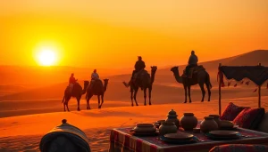 Agafay desert camel ride and dinner with a show at sunset, featuring travelers on camels against a vibrant horizon.